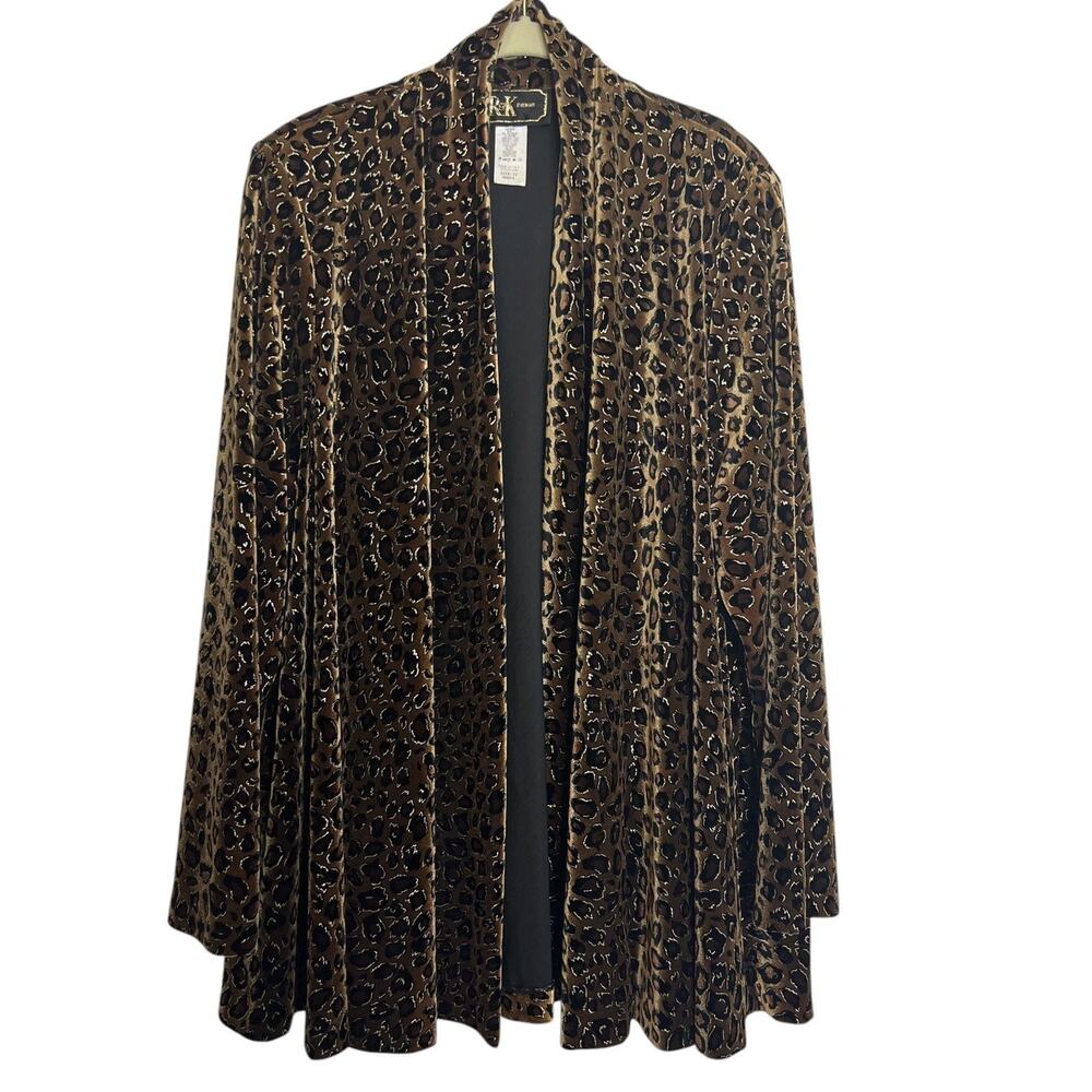 R&K Evening Leopard Velvet Cardigan Jacket Size 12 Brown Black Open Front